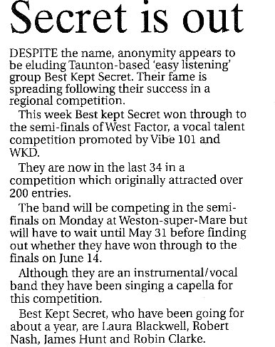 Somerset County Gazette article on Best Kept Secret taking part in The West Factor 2005