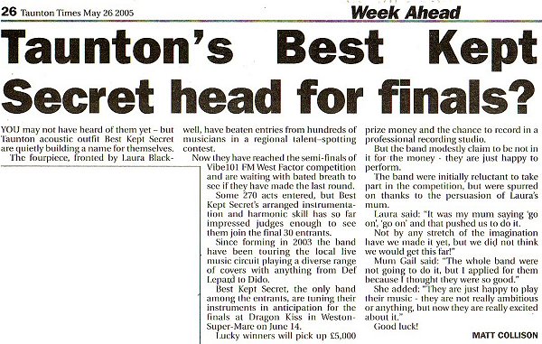 Taunton Times article on Best Kept Secret taking part in The West Factor 2005
